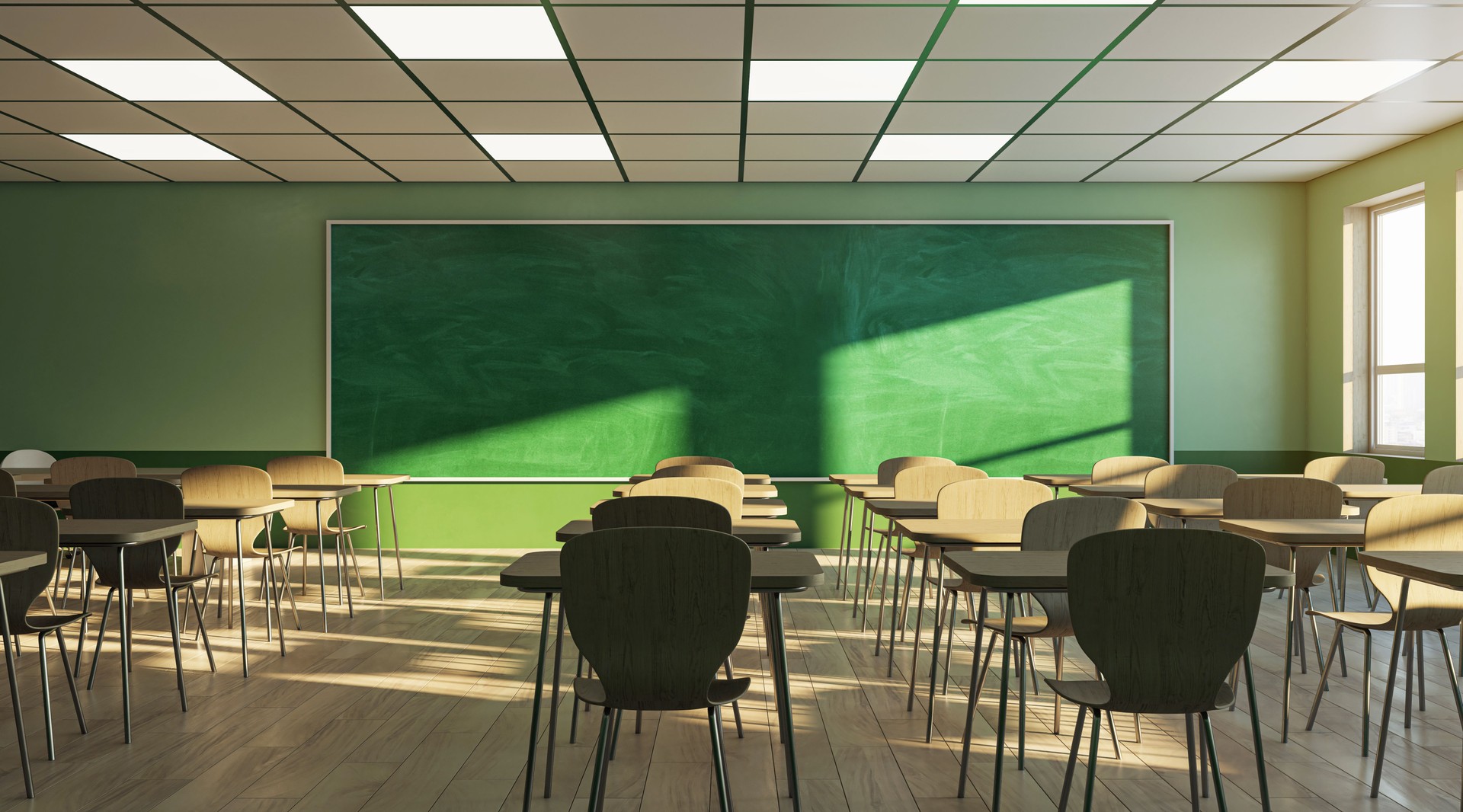 An empty classroom with chairs, desks, and a green chalkboard, illuminated by sunlight, evoking education concept. 3D Rendering yalova and izmit cleaning service